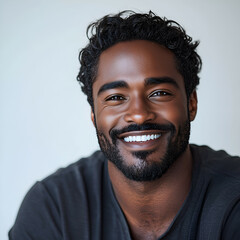 Obraz premium Young Adult Male Model with Curly Hair and Bright Smile in Casual Wear: Close-Up Portrait Indoors
