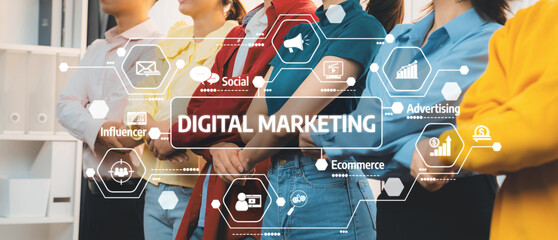 Diverse Group of Professionals Engaging in Digital Marketing Strategies with Infographics and Icons...