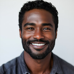 Obraz premium Smiling Black Man Portrait with Beard in Casual Clothing – Expressive Eyes and Confident Pose in Natural Light