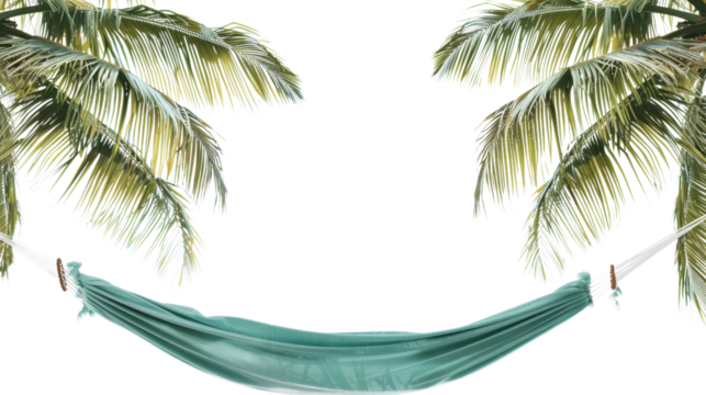 Empty hammock hanging between two palm trees on transparent background