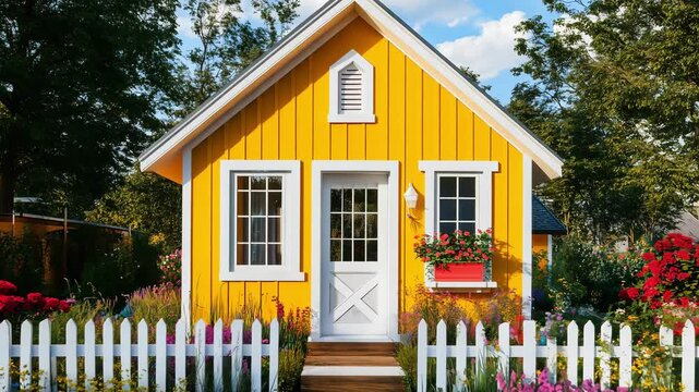 A small yellow house with white trim and a picket fence is nestled among vibrant flowers in a sunny garden setting