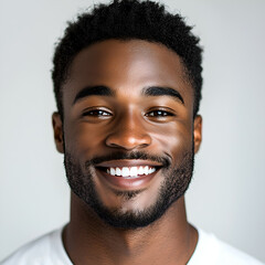 Fototapeta premium <Smiling Young Adult Man's Portrait with Genuine Expression and Tousled Black Hair in Studio Setting>