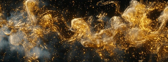 Golden cosmic swirls, dark space, glittering dust, abstract art