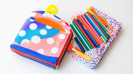 Obraz premium A set of colorful school notebooks and a pencil case filled with writing tools on a white isolated background