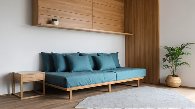 Room interior with sofa unfolded into bed near wooden wall