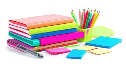 A collection of study guides, highlighters, and sticky notes on a white isolated background