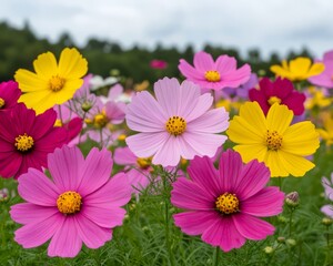 Colorful cosmos flowers field, vibrant display against backdrop of trees