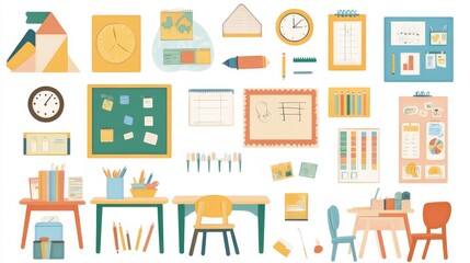 A collection of classroom decorations including educational posters, clocks, and bulletin boards on a white isolated background