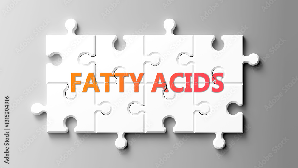 Poster fatty acids complex like a puzzle - pictured as word fatty acids on a puzzle pieces to show that fat