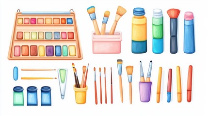 A set of art supplies such as paints, brushes, and sketchbooks for students on a white isolated background