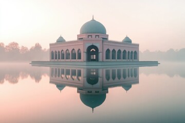 Fototapeta premium A serene pink mosque reflected in a misty lake at dawn, showcasing architectural beauty and tranquility.