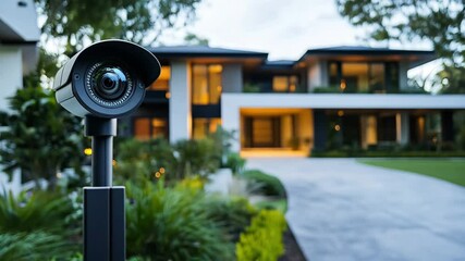 A security camera monitors the driveway of a contemporary house in a peaceful suburban area during twilight