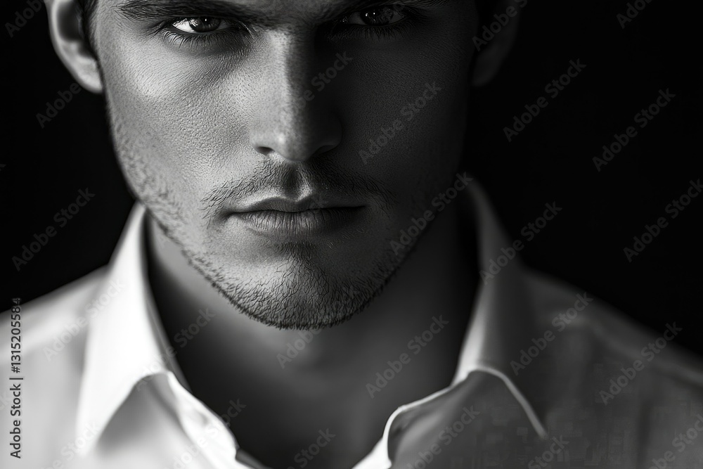Poster close-up black and white portrait of a man with intense gaze, showcasing strong facial features and 