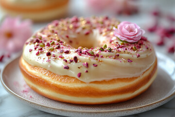 Elegant Boutique Doughnut with Pistachio Green Glaze, Gold Leaf, and Whipped Cream