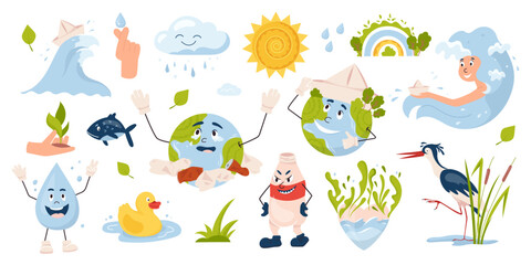 Save earth cartoon stickers set. Caring for nature and environment. Cute planet earth character. Save water and planet, stop plastic. Eco-friendly concept. Flat vector illustrations isolated