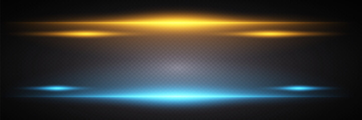 Glowing neon lines, blue and yellow rising rays of light. On a transparent background. Vector.