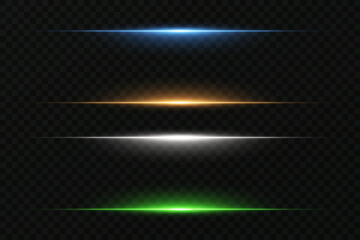 Set of colored neon lines. Flash of laser beams. Speed ​​effect. On a transparent background.