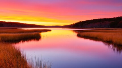 Colorful Sunrise Over Calm Marsh Estuary