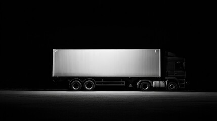A large, white, cargo container truck at night, illuminated.