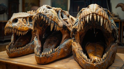 A striking display of three ancient dinosaur skulls with open jaws showcasing their massive teeth on a wooden surface