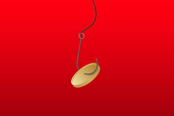 A shiny golden coin is attached to a sharp fishing hook, an image symbolizing internet scams.