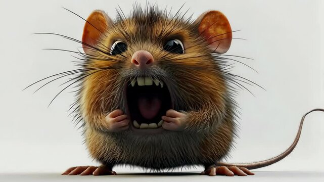 Cartoon mouse expresses extreme fear and anger with a loud scream in a simple environment