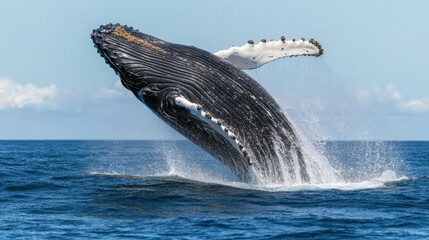 Fototapeta premium Whale jumps from water. Huge sea animal leaps high. Big body and wave splash. Whale in ocean with clear sky.