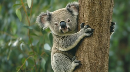 Obraz premium Cute koala climbs on a tree. Australian wild animal with soft gray fur hugs tree trunk. Adorable mammal with black nose and small ears poses.