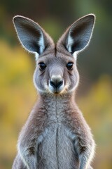 Fototapeta premium Kangaroo stands tall. Large ears alert. Animal looking forward. Calm and curious. Natural setting. Wildlife portrait. Grey fur. Australian fauna.