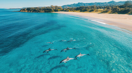 Obraz premium Ocean view. Dolphins swim in clear blue water near beach. Sandy shore and green trees in background. Aerial shot.