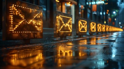 Obraz premium A row of glowing envelope-shaped signs with yellow lights lines a wet urban street, reflecting on the pavement at night