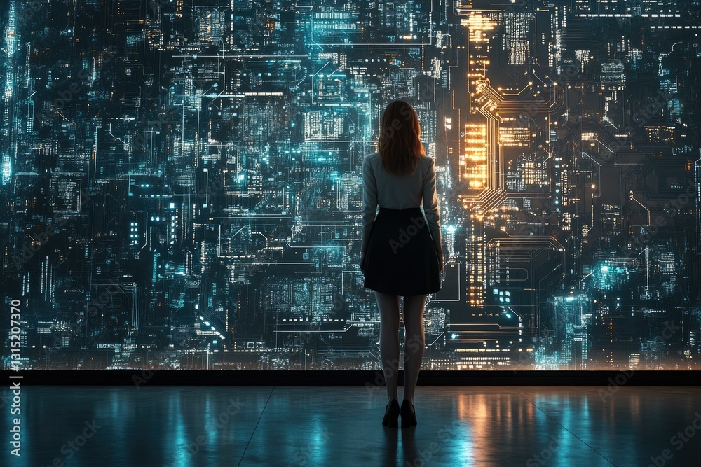 Aufkleber a woman stands before a large screen displaying complex digital circuitry, representing the vastness