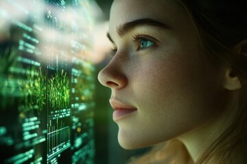 Young woman gazing intently at a futuristic screen displaying green data visualizations of plant growth.