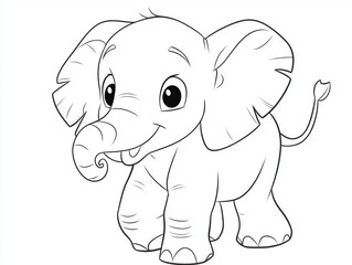 Cartoon elephant drawn in black and white coloring book