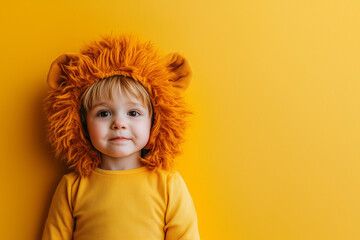Cute young boy dressed as a lion for Halloween on a solid background