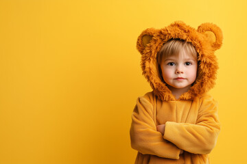 Cute young boy dressed as a lion for Halloween on a solid background