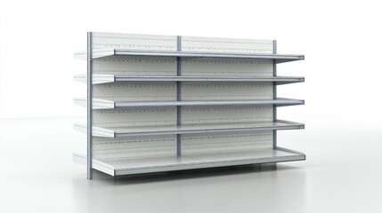 Empty white retail shelves on white background.