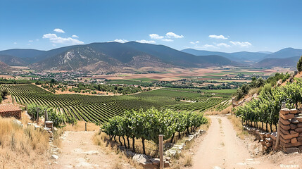 Naklejka premium Vineyard valley landscape, sunny day, dirt road, rural scene, panoramic view, ideal for travel brochures
