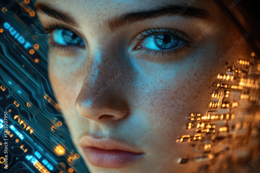 Poster a close-up of a woman's face merging with a circuit board, symbolizing technology and humanity's con