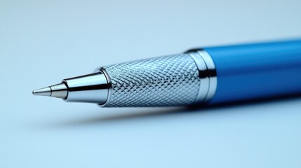 Close-up of a blue pen tip on a plain surface