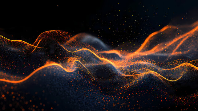 A dark backdrop features undulating waves symbolized abstractly, interspersed with radiant orange particles. Radiant - Temple. Illustration