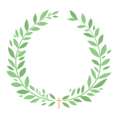 An elegant wreath made of green leaves with a cross at the bottom. A minimalist design for religious, ceremonial, or memorial purposes. Vector design. Easter frame. Spring time.