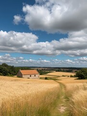 Obraz premium Countryside path leading to small farm house under dramatic sky