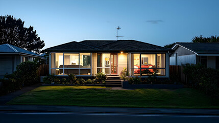 Illuminated Suburban House At Dusk With Warm Inviting Glow Through Windows In Quiet Neighborhood
