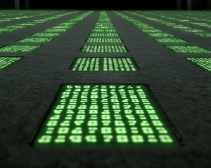 Green digital code floor, dark server room