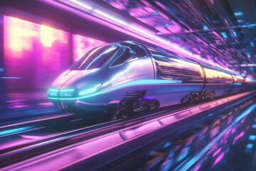 Futuristic high-speed train speeding through a vibrant, neon-lit tunnel.