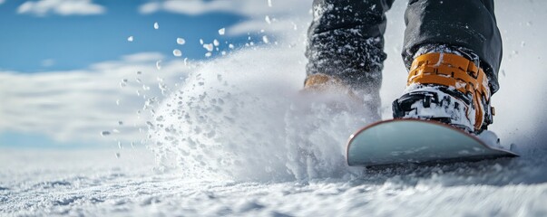 A snowboarder rides through fresh powdery snow with clear skies