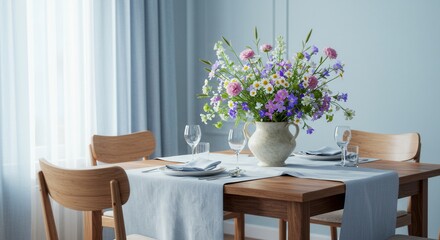 Elegant Dining Table with Flower Bouquet in Vase and Place Settings