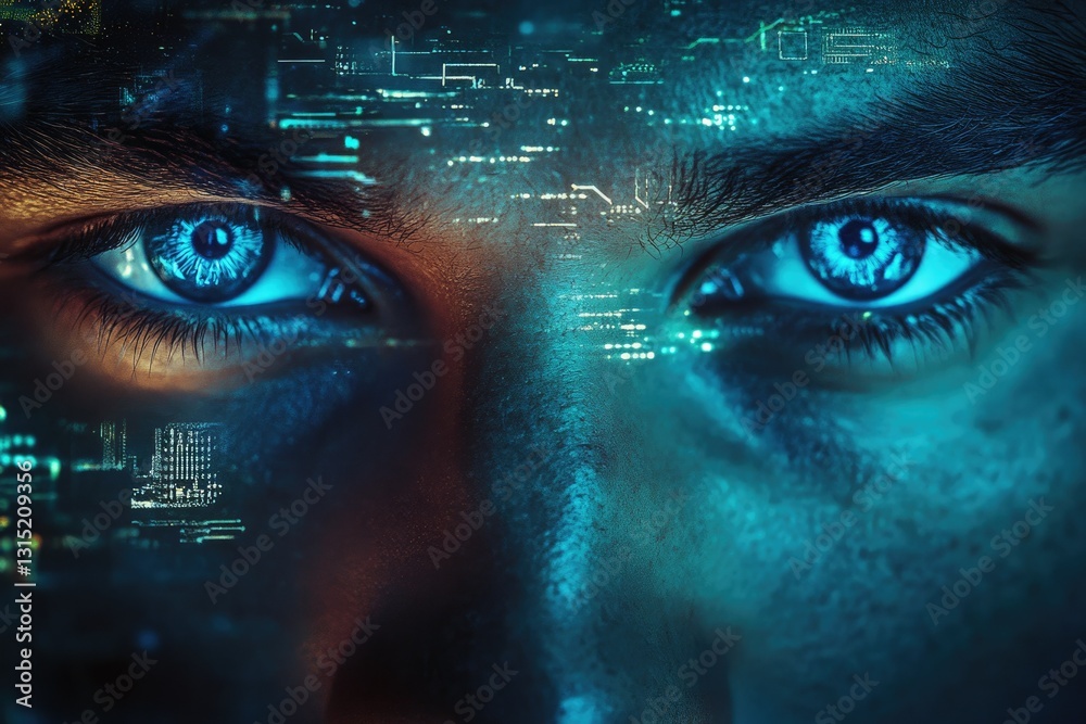Poster a close-up of a person's eyes, overlaid with a futuristic digital circuit pattern, symbolizing the m