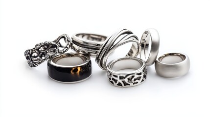 A collection of contemporary silver rings with polished finishes on a white isolated background